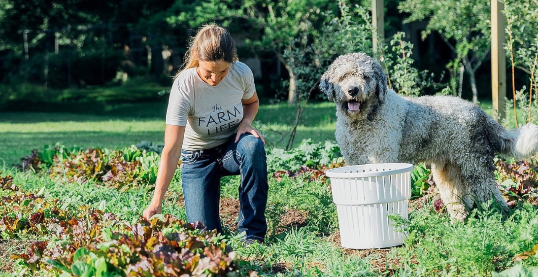 Ashley Grouch of The Farm Life Movement tending her plants on her regenerative farm with her dog