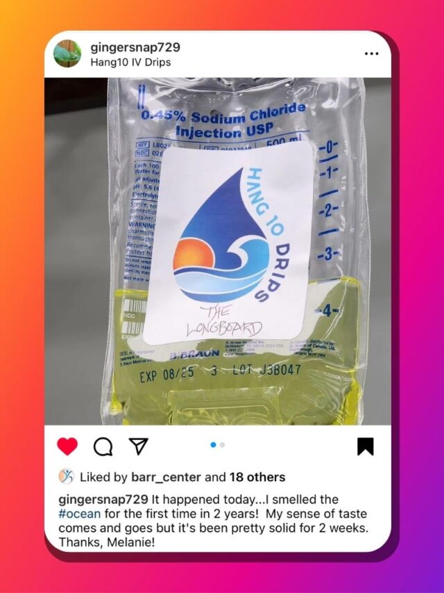 Screenshot from Instagram of Hang 10 Drips patient getting an IV infusion of The Longboard for long haul COVID recovery.